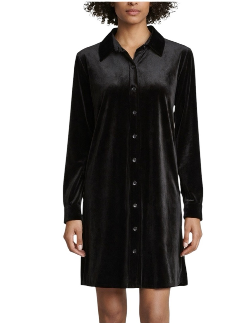 ModCloth - Black Velvet Shirt Dress Button Front Long Sleeve Sz L
